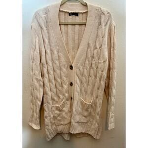 PrettyGarden Ivory Cable Knit Cardigan Sweater Tortoise Shell Buttons Pockets XL
